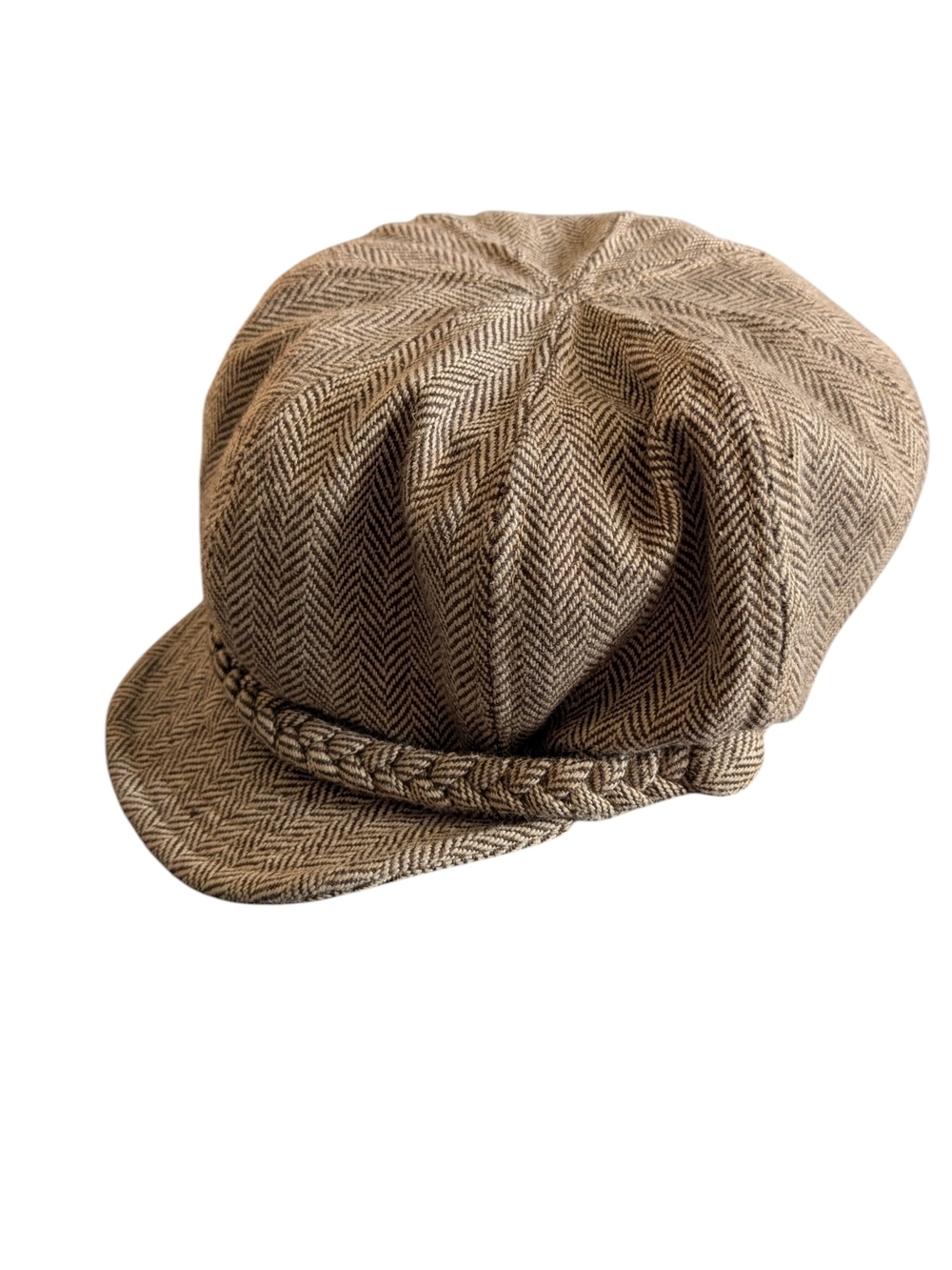 Brown Herringbone Newsboy Cap Tan Brown Braid